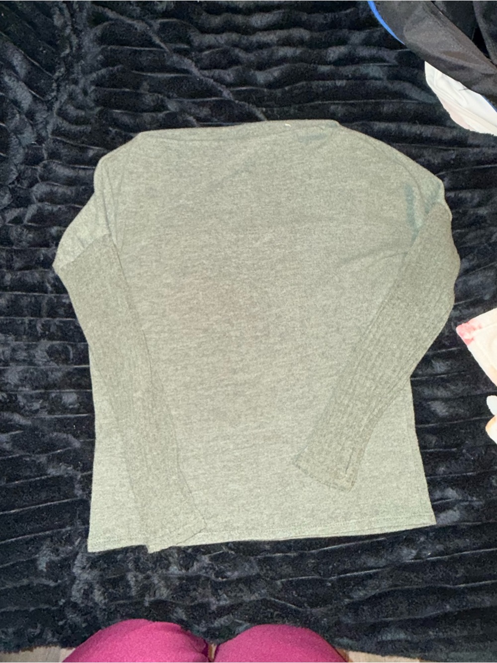 Olive green long sleeve mock neck with patterned sleeves